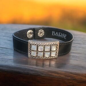 Barse Sterling Silver Mother of Pearl Accent Bracelet with Black Leather 7"